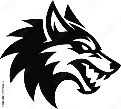 Aggressive wolf head silhouette illustration in bold vector style, fierce wild animal emblem artwork for logos, mascots, esports teams, sports branding, tattoos, and creative graphic designs