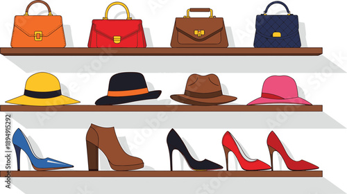 Display shelves with fashion accessories, handbags, hats, and high heels