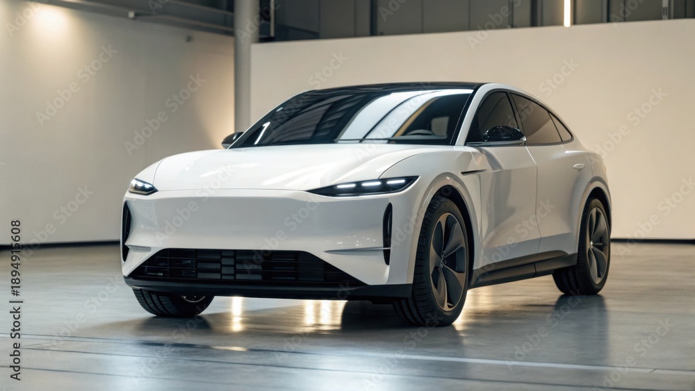Obraz premium A sleek, modern electric car displayed in a spacious, well-lit environment, showcasing its innovative design and advanced technology.