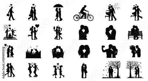 Collection of silhouette of lovers and couples in various romantic poses