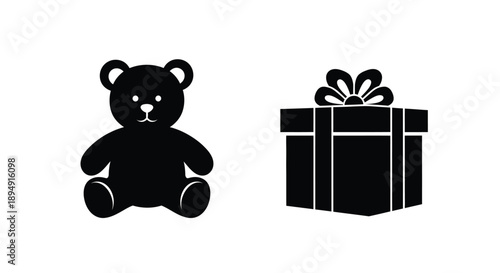 Teddy bear and gift box silhouette on white background