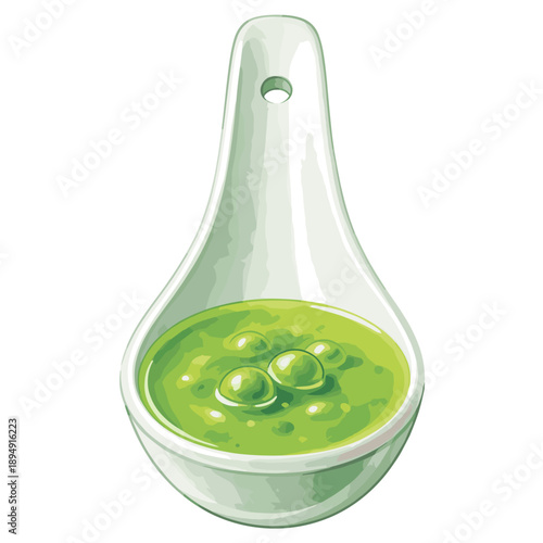 Green soup in a white spoon on a simple background  