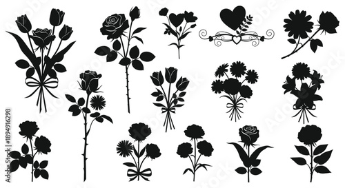 Beautiful black silhouette of various flowers and leaves