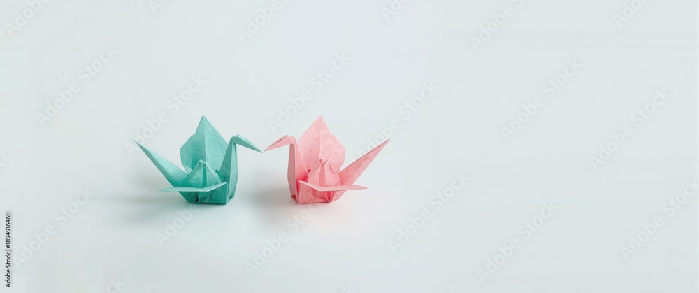Obraz premium Origami paper cranes made from recycled paper in pastel teal and pink, positioned to face each other against a white background