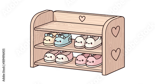 Illustration of a wooden shoe rack with cute slippers on two shelves and heart designs against a plain white background.