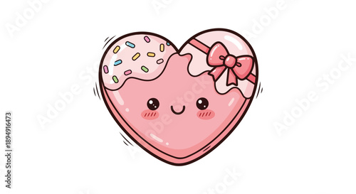 Illustration of a smiling cartoon heart with a donut on one side and a pink bow on the other, against a clean white background.