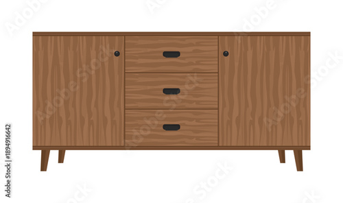 Wooden sideboard with drawers for storage and legs. Modern retro style furniture for home interior design, storage unit TV console, stand. Scandinavian design living room furniture.Colored flat vector
