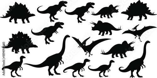 Black Dinosaur Silhouettes Collection Featuring Tyrannosaurus Rex Triceratops Stegosaurus Pterodactyl and Brachiosaurus Vector Graphics for Creative Design Projects Isolated on White