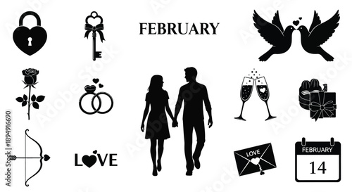 Valentine day elements collection with couple walking hand in hand