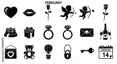 Valentine day icons set with heart and love symbols