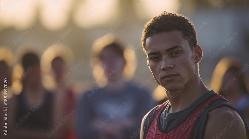 Fototapeta premium Focused Young Athlete Standing on Track Field at Sunset Before Competition