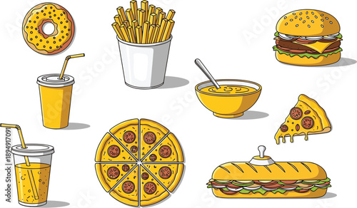 Collection of fast food items including pizza burger fries and soda