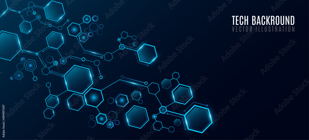 Fototapeta premium Futuristic connected blue hexagons with glow effect for Technology or Science background. Hexagonal pattern for scientific research presentation or UI design. Vector Illustration.