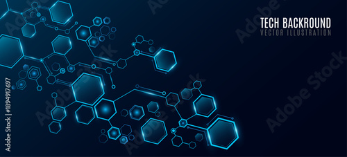 Futuristic connected blue hexagons with glow effect for Technology or Science background. Hexagonal pattern for scientific research presentation or UI design. Vector Illustration.