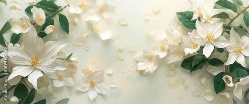 White Paper Flowers and Bougainvillea with Yellow Pollen and Green Leaves Against a Blurred Background