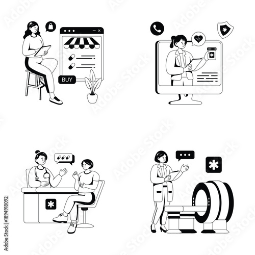 Creatively designed medical and healthcare glyph style illustrations