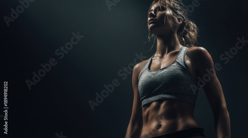 Strong female athlete training confidently with dramatic lighting background, Women strength and power concept