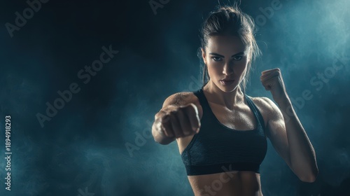 Strong female sport athlete training confidently with dramatic lighting, Women strength and power concept