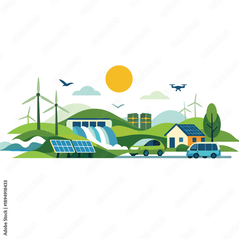 Fototapeta premium Diverse Renewable Energy Sources and Eco Landscape