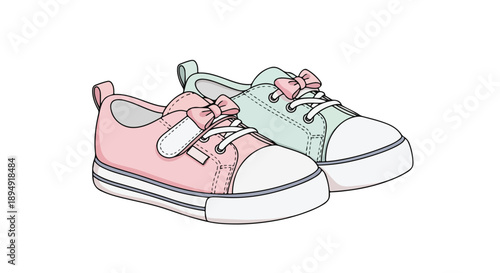 A pair of pink and green children's sneakers with white soles and laces on a plain white background in a line drawing style.