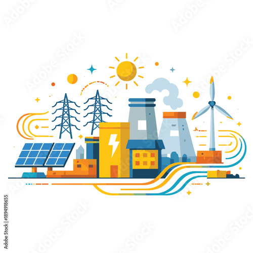 Colorful energy production scene with diverse sources