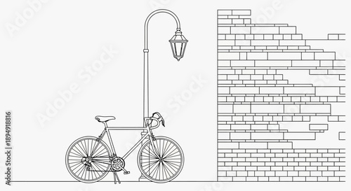 Vintage Bicycle Illustration Near Street Lamp Post.