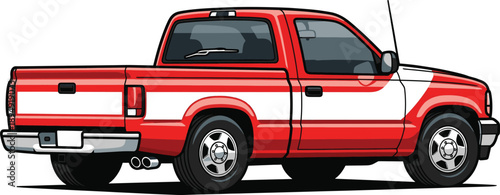 Red pickup truck side view illustration with white racing striping