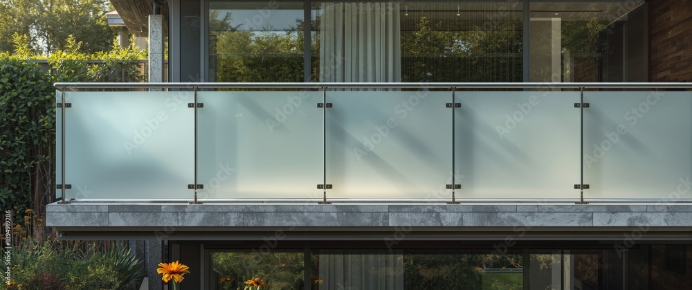 Obraz premium Upscale home's glass railing secured by gray stainless steel, with frosted glass barrier and elegant metal details