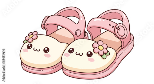 Digital illustration of a pair of cute cartoon sandals with smiling faces and flowers on the toes, against a clean white background.