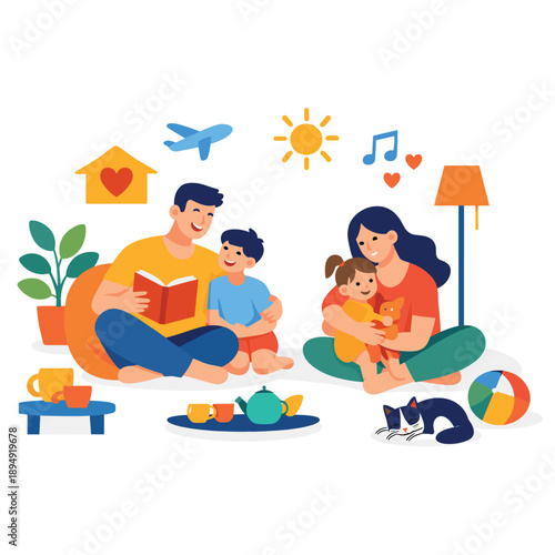 Family enjoying time together at home with pets