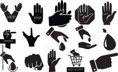 Set of black hand icons symbolizing various actions, health, and commerce, including washing, stopping, and adding to cart.