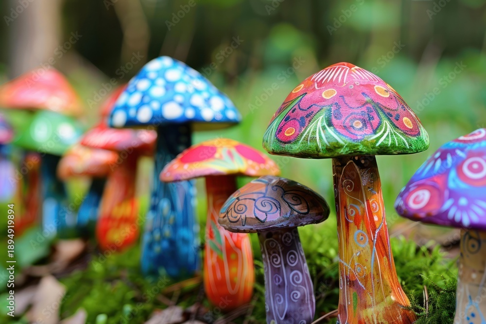 Fototapeta premium Brightly painted mushrooms add a touch of whimsy to a lush, green forest setting