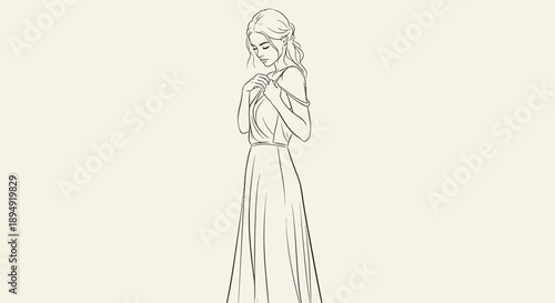 Woman in elegant long dress standing alone.