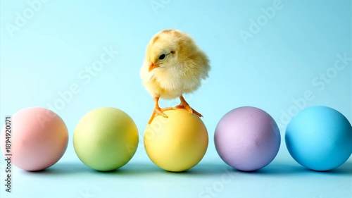Yellow chick stands on egg with colorful eggs on a light blue backdrop