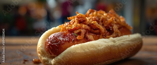 Close-up of a street hot dog featuring grilled sausage and fried onions