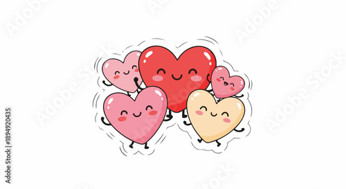 A group of smiling cartoon hearts in various pink and red shades with rosy cheeks on a white background.