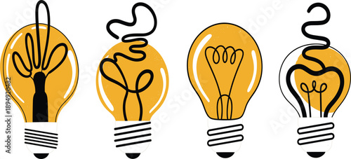 Creative Abstract Light Bulb Icon Set with Artistic Filament Shapes Representing Innovation, Imagination, and Modern Idea Concepts Vector Illustration