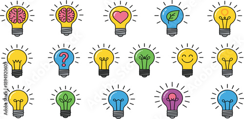 Creative Light Bulb Icon Set Featuring Brain, Heart, Nature, Emotion, and Idea Concepts for Innovation, Inspiration, and Visual Communication Design