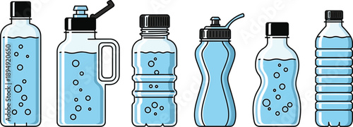 Water bottle set flat vector illustration for drinking and fitness