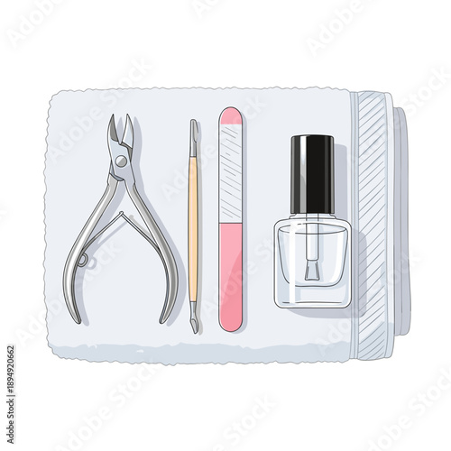 Manicure tools arranged on a white towel for nail care  