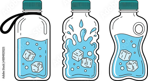 Set of three plastic water bottles with ice cubes and splash icons