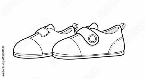 A line drawing of a pair of children's shoes with velcro straps on a white background.