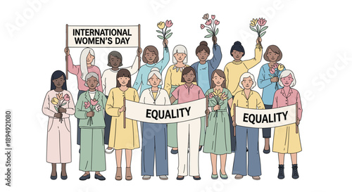 Large Group of Diverse Women Holding Equality Banners and Flowers for International Women's Day Protest and Celebration Illustration, Generative AI.