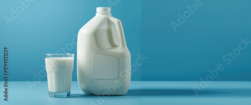 Wallpaper Mural Organic milk product: Glass of milk and one gallon of whole milk on blue background, featuring a white plastic bottle Torontodigital.ca