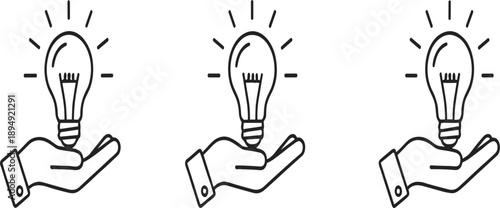 Hand Holding Light Bulb Icon Set Representing Creative Ideas, Innovation Support, Inspiration Concept, and Smart Solution Outline Vector Design
