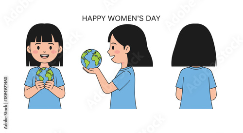 Three Views of a Girl in a Blue Shirt Holding a Globe for Happy Women's Day Celebrating Global Education and Future Potential with a Clean Flat Illustration Style, Generative AI.