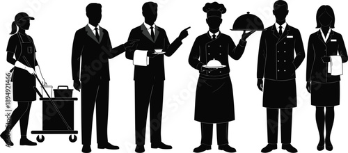 Hospitality and Service Industry Staff Silhouettes Including Waiter, Chef, Hotel, Restaurant, and Catering Workers in Professional Uniforms