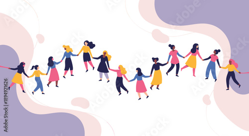 Long Chain of Diverse Women Holding Hands in a Wave Pattern Across an Abstract Background Representing Unity and Support for International Women's Day Illustration, Generative AI.