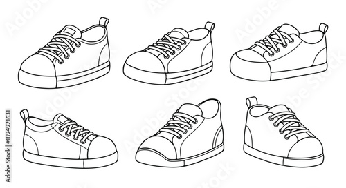 A set of six different line drawings of sneakers in various angles and positions on a white background.