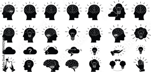 Human Brain and Idea Silhouette Icon Set with Thinking, Creativity, Innovation, Psychology, and Mental Process Concept Vector Design
